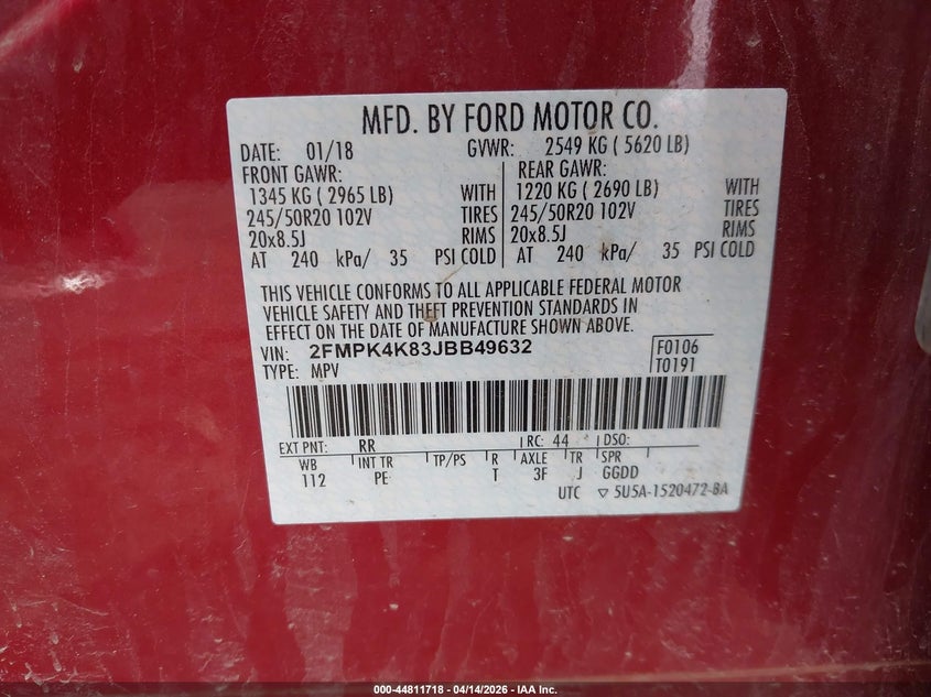 2FMPK4K83JBB49632 2018 Ford Edge 3.5 Titanium Red