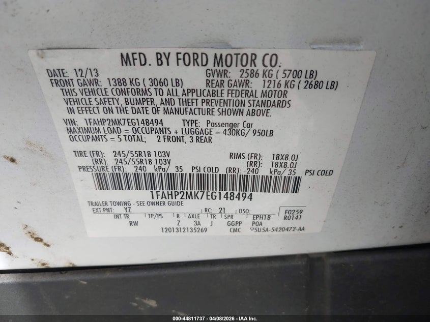 2014 Ford Police Interceptor VIN: 1FAHP2MK7EG148494 Lot: 44811737