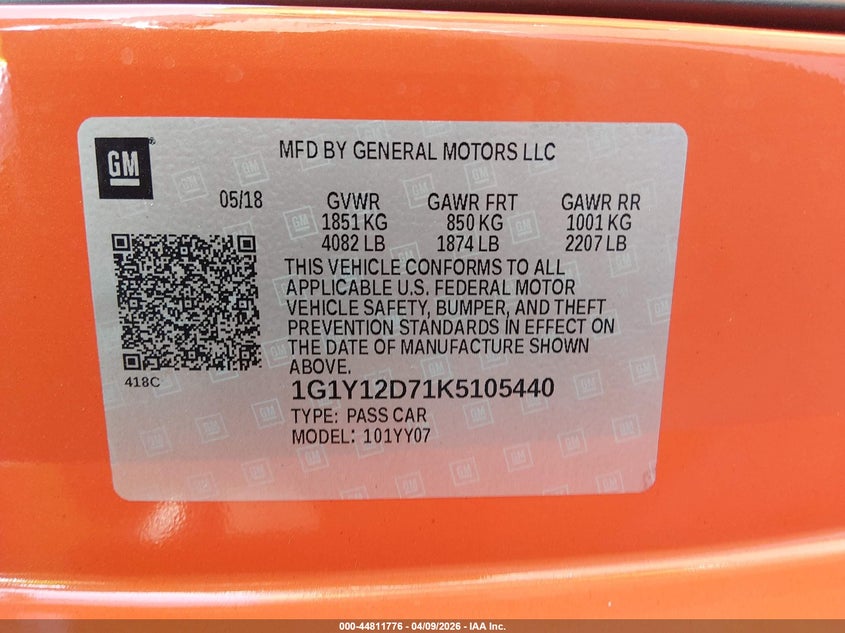 2019 Chevrolet Corvette Grand Sport VIN: 1G1Y12D71K5105440 Lot: 44811776