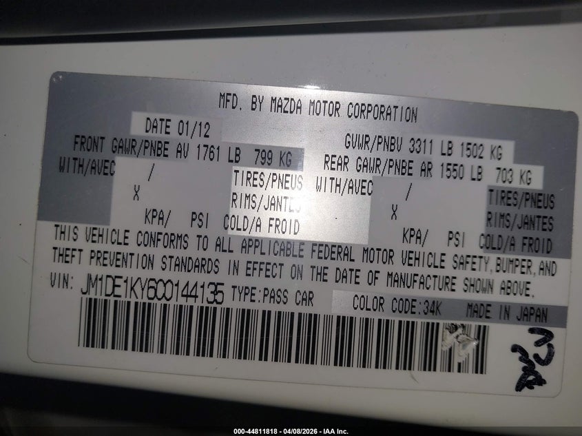 2012 Mazda Mazda2 Sport VIN: JM1DE1KY6C0144135 Lot: 44811818