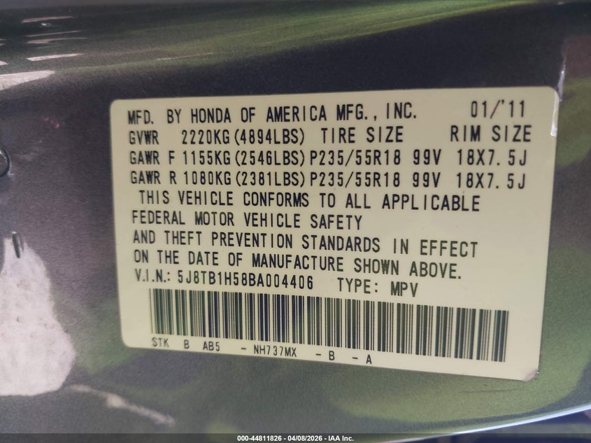 2011 Acura Rdx VIN: 5J8TB1H58BA004406 Lot: 44811826