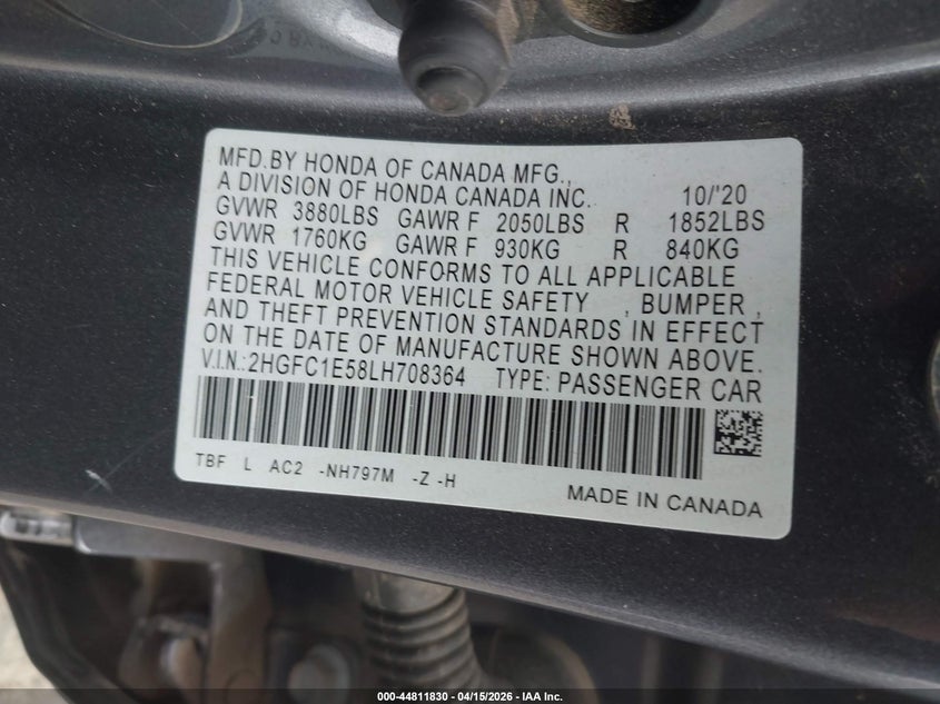 2020 Honda Civic Si Sedan VIN: 2HGFC1E58LH708364 Lot: 44811830