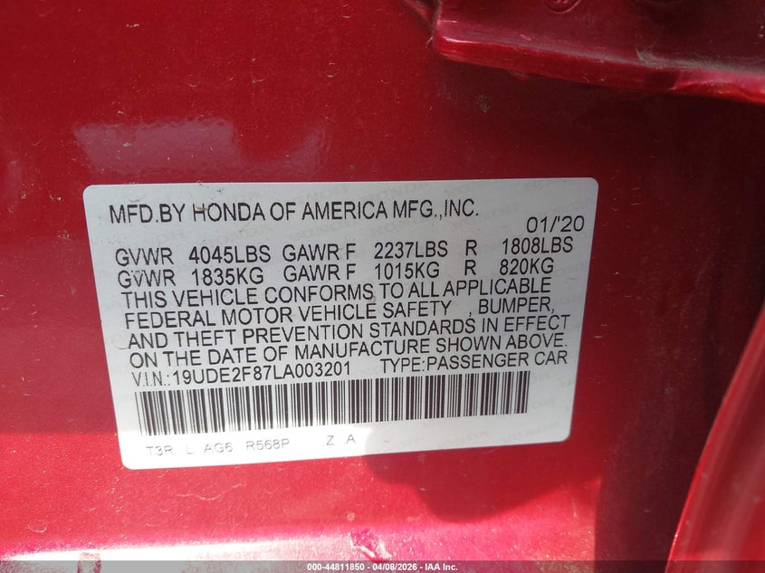 2020 Acura Ilx Premium A-Spec Packages/Technology A-Spec Packages VIN: 19UDE2F87LA003201 Lot: 44811850