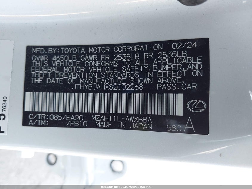 2025 Lexus Ux 300H VIN: JTHYBJAHXS2002268 Lot: 44811852