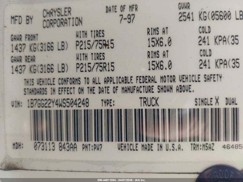 1998 Dodge Dakota Slt/Sport VIN: 1B7GG22Y4WS504248 Lot: 44811854