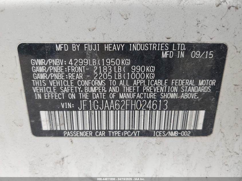 2015 Subaru Impreza 2.0I VIN: JF1GJAA62FH024613 Lot: 44811898