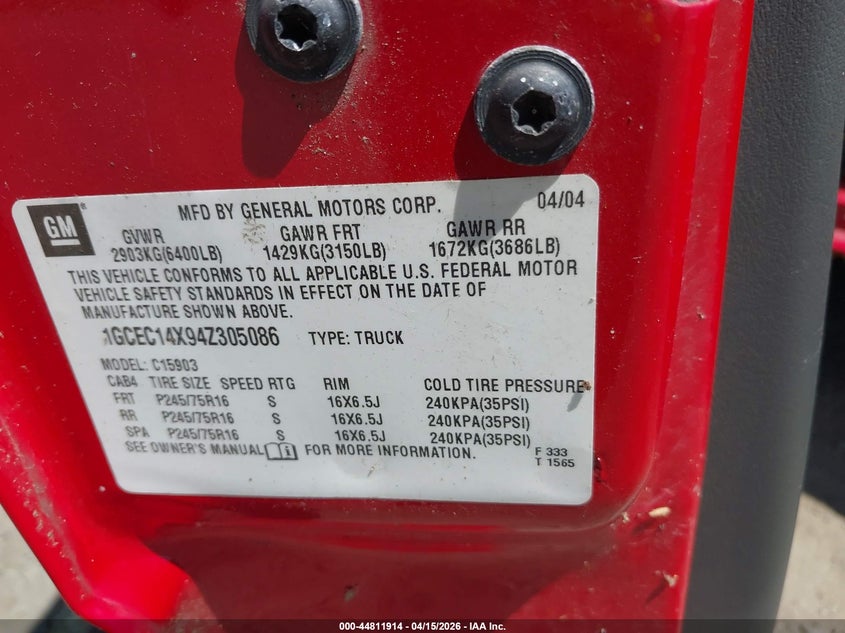 2004 Chevrolet Silverado 1500 Work Truck VIN: 1GCEC14X94Z305086 Lot: 44811914