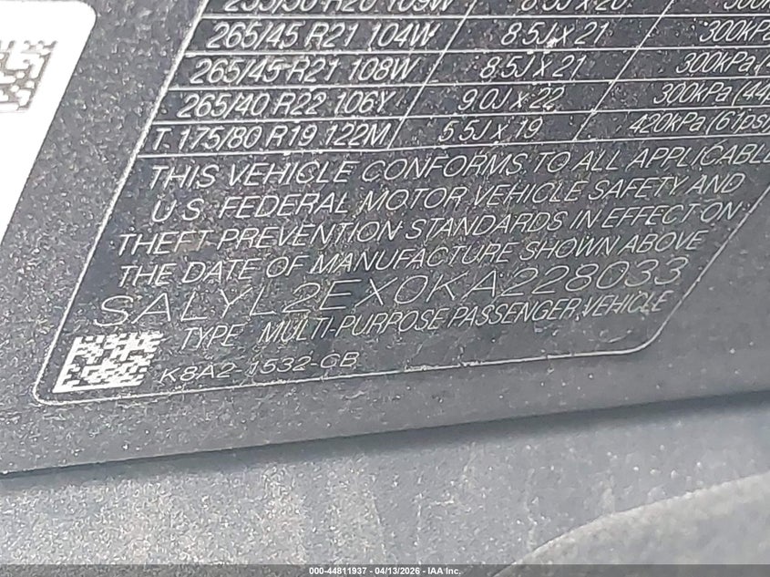 2019 Land Rover Range Rover Velar P250 R-Dynamic Se VIN: SALYL2EX0KA228033 Lot: 44811937