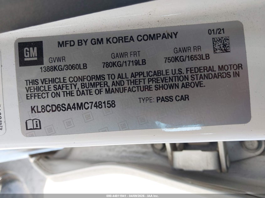 2021 Chevrolet Spark Fwd 1Lt Automatic VIN: KL8CD6SA4MC748158 Lot: 44811941