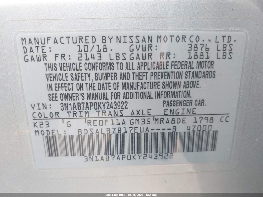 2019 Nissan Sentra S VIN: 3N1AB7AP0KY243922 Lot: 44811958