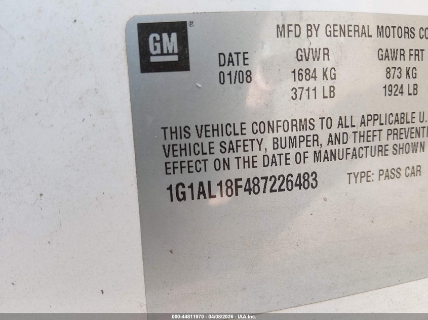 2008 Chevrolet Cobalt Lt VIN: 1G1AL18F487226483 Lot: 44811970