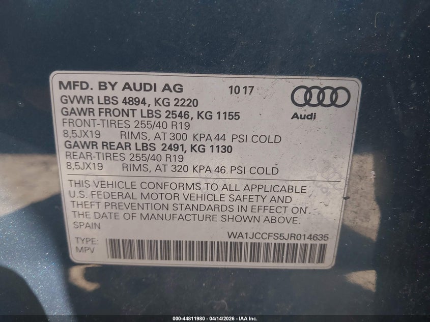 2018 Audi Q3 2.0T Premium/2.0T Sport Premium VIN: WA1JCCFS5JR014635 Lot: 44811980