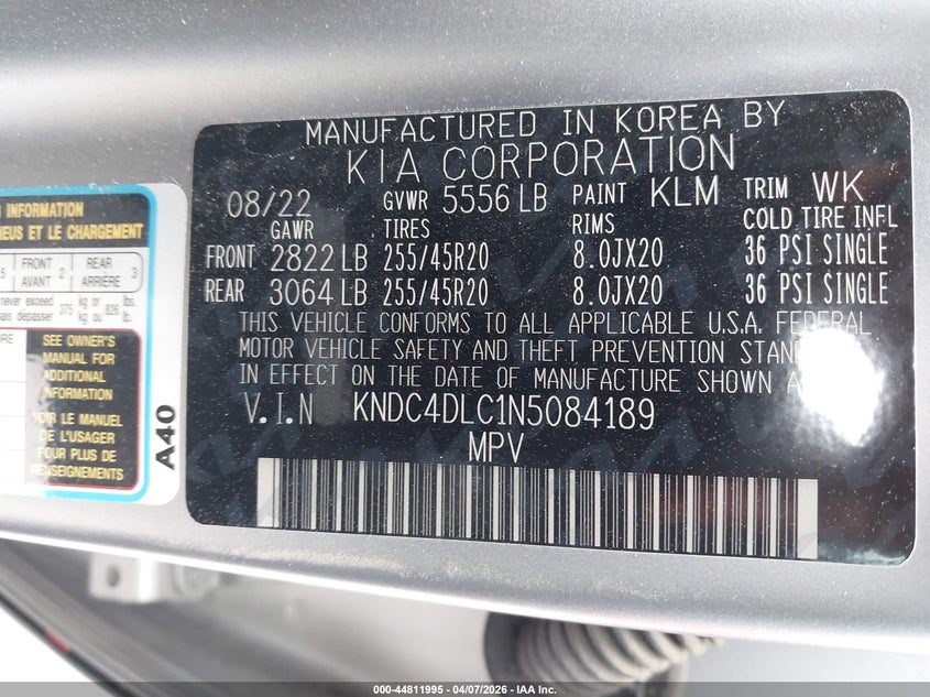 2022 Kia Ev6 Gt-Line VIN: KNDC4DLC1N5084189 Lot: 44811995