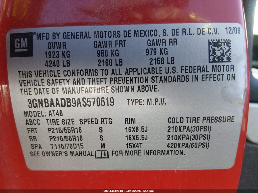 2010 Chevrolet Hhr Ls VIN: 3GNBAADB9AS570619 Lot: 44812018