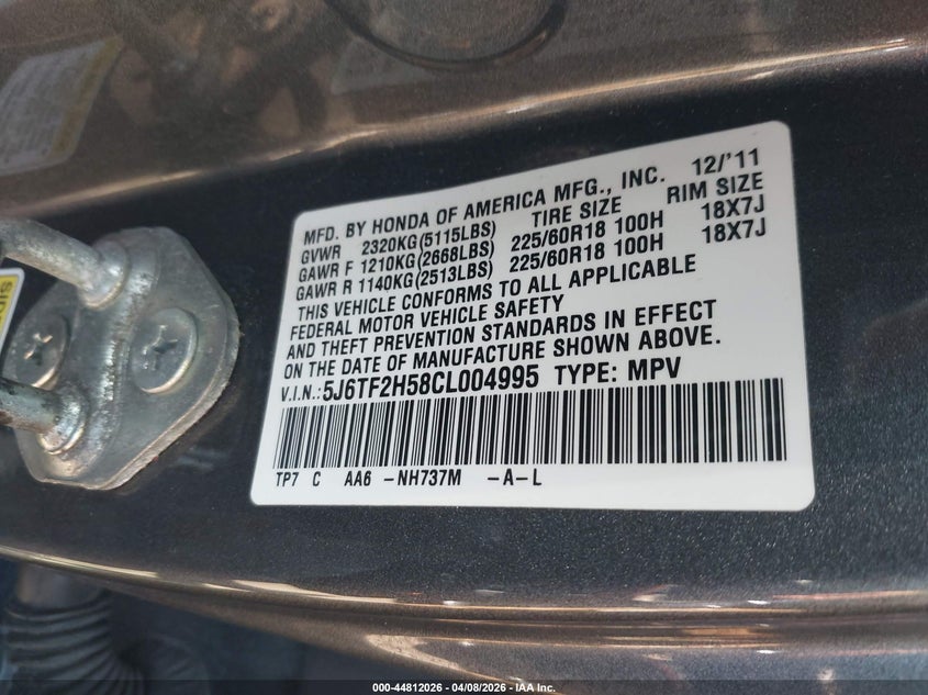 2012 Honda Crosstour Ex-L VIN: 5J6TF2H58CL004995 Lot: 44812026