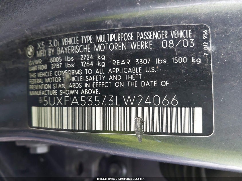 2003 BMW X5 3.0I VIN: 5UXFA53573LW24066 Lot: 44812032