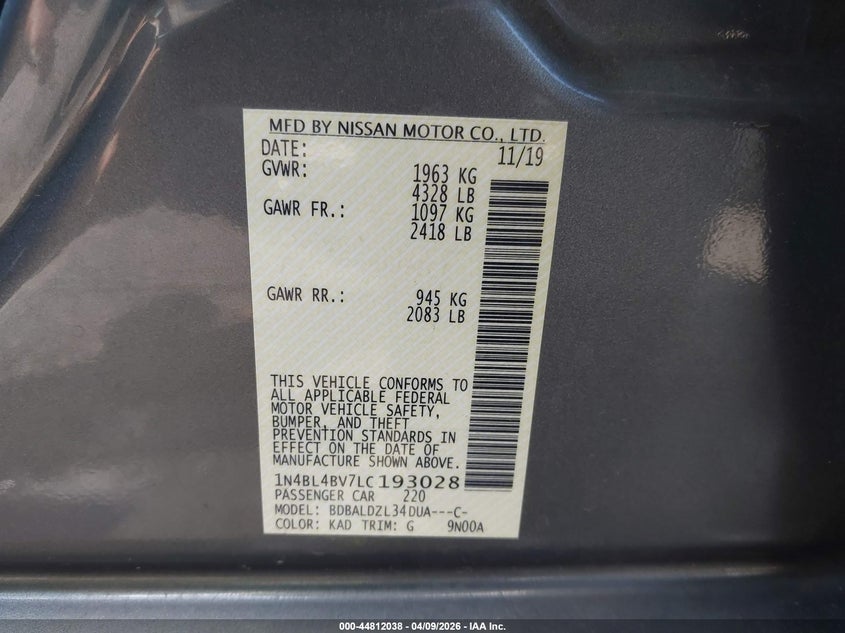 VIN 1N4BL4BV7LC193028 2020 NISSAN ALTIMA S FWD