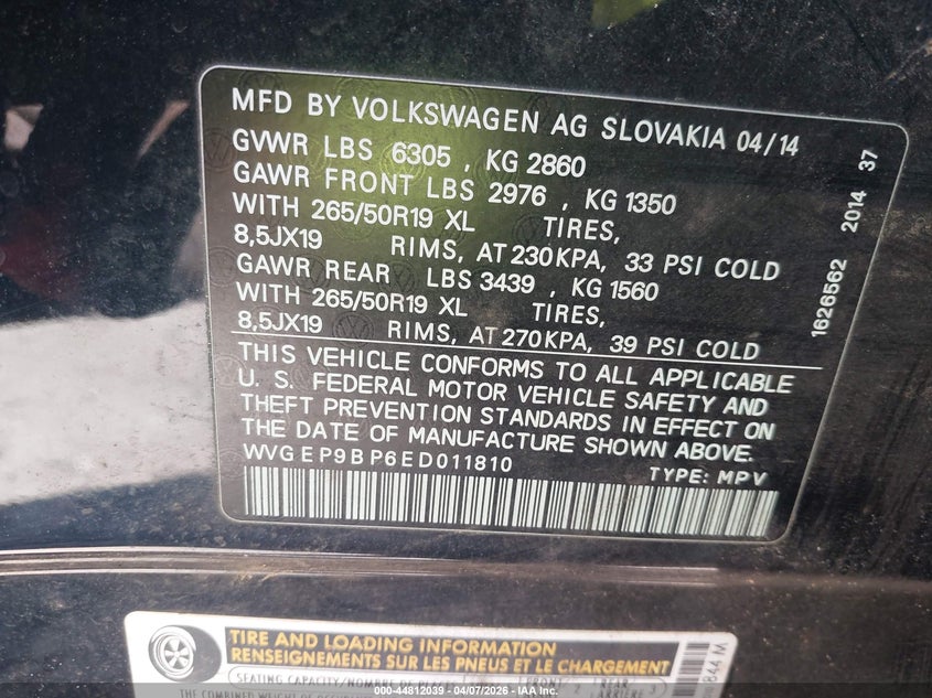 2014 Volkswagen Touareg X VIN: WVGEP9BP6ED011810 Lot: 44812039