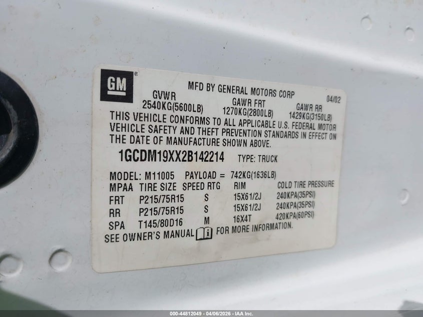 2002 Chevrolet Astro VIN: 1GCDM19XX2B142214 Lot: 44812049