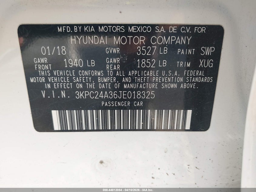 2018 Hyundai Accent 1.6 Sel white Lot 111044812054 Vin 3KPC24A36JE018325