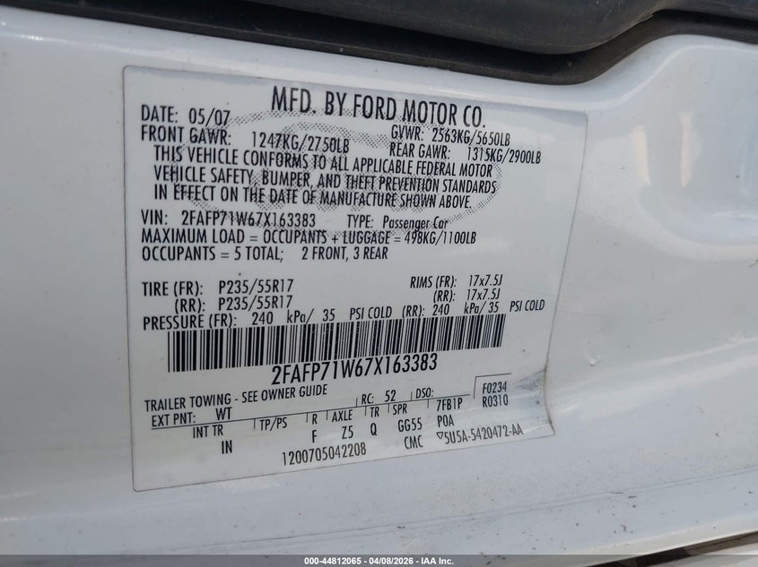 2007 Ford Crown Victoria Police/Police Interceptor VIN: 2FAFP71W67X163383 Lot: 44812065