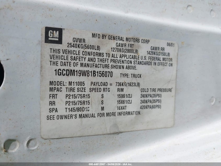 2001 Chevrolet Astro VIN: 1GCDM19W81B156070 Lot: 44812067