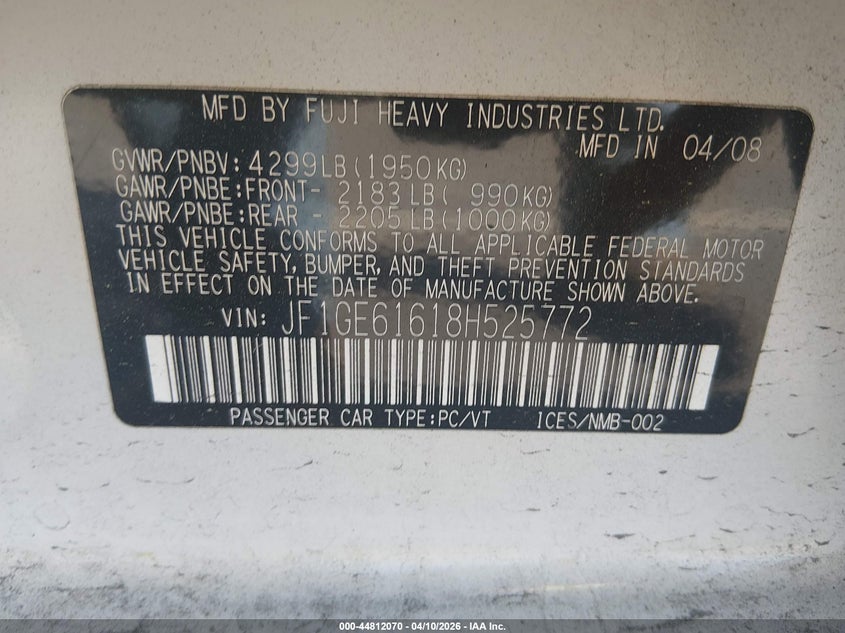 2008 Subaru Impreza 2.5I VIN: JF1GE61618H525772 Lot: 44812070