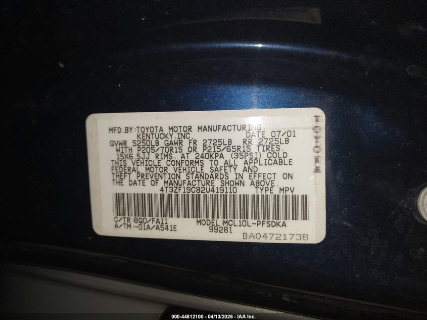 2002 Toyota Sienna Ce VIN: 4T3ZF19C82U419110 Lot: 44812100