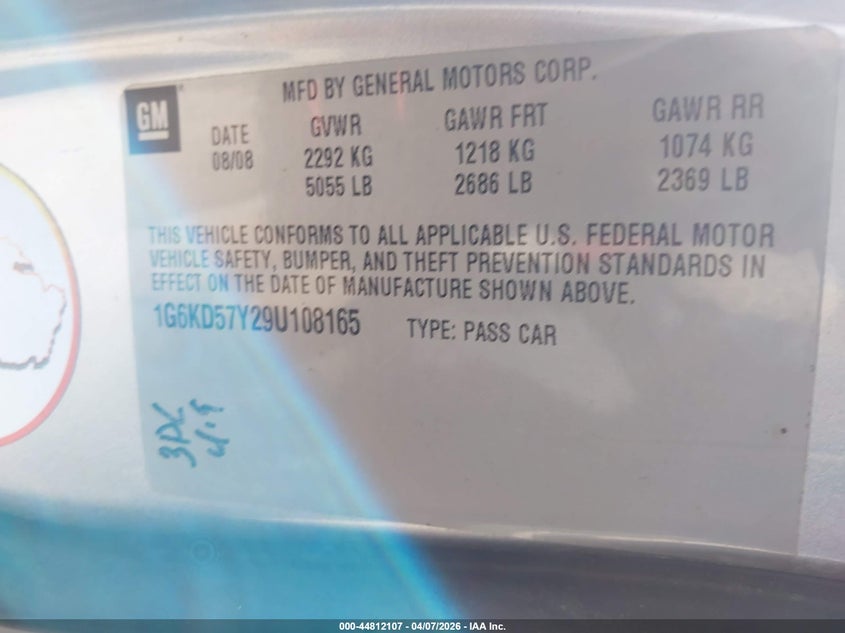 2009 Cadillac Dts 1Sc VIN: 1G6KD57Y29U108165 Lot: 44812107