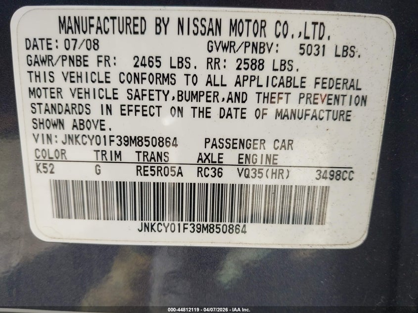 2009 Infiniti M35X VIN: JNKCY01F39M850864 Lot: 44812119