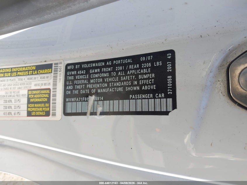 2008 Volkswagen Eos Lux VIN: WVWFA71F88V015914 Lot: 44812163