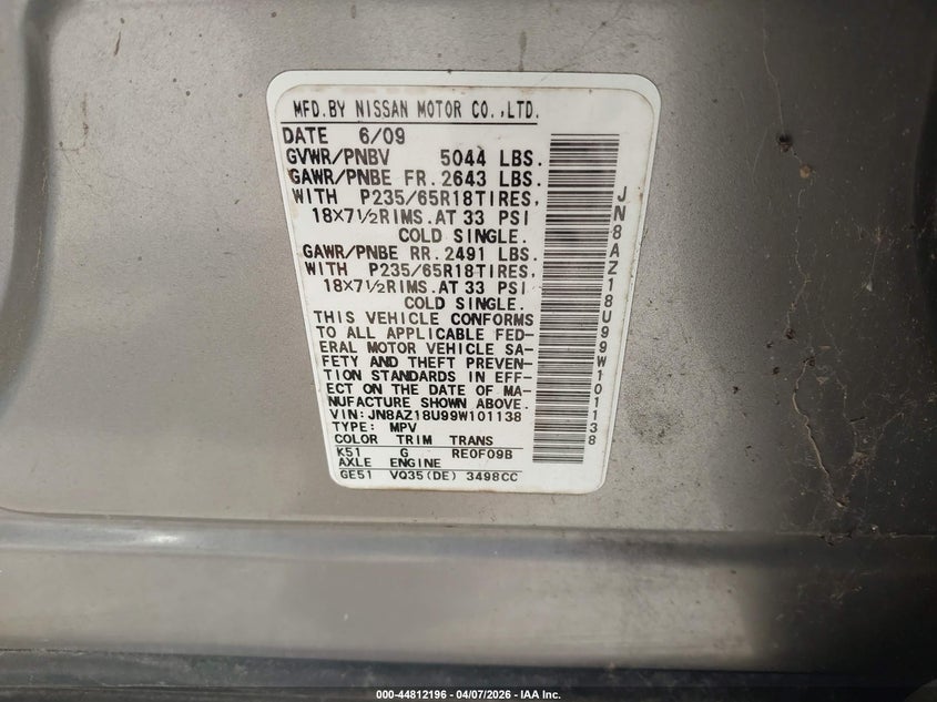 2009 Nissan Murano Sl VIN: JN8AZ18U99W101138 Lot: 44812196
