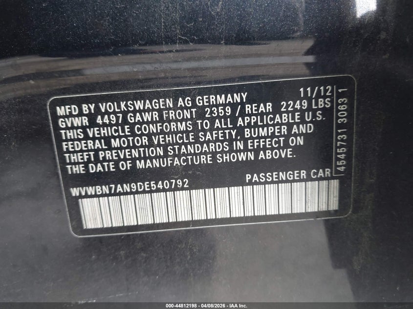 2013 Volkswagen Cc 2.0T R-Line VIN: WVWBN7AN9DE540792 Lot: 44812198