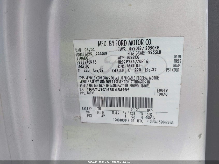 2005 Ford Escape Xlt VIN: 1FMYU93155KA84985 Lot: 44812261