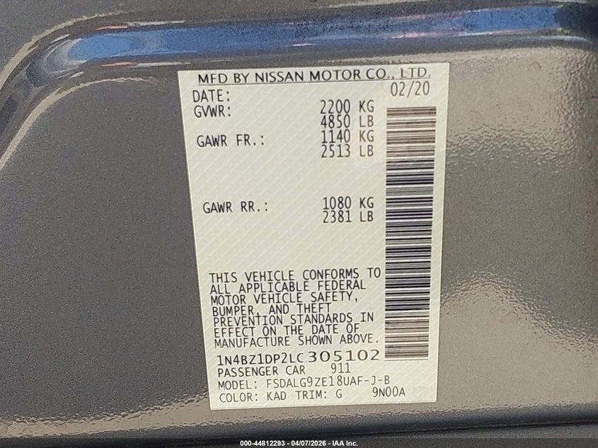 2020 Nissan Leaf Sl Plus 62 Kwh VIN: 1N4BZ1DP2LC305102 Lot: 44812293