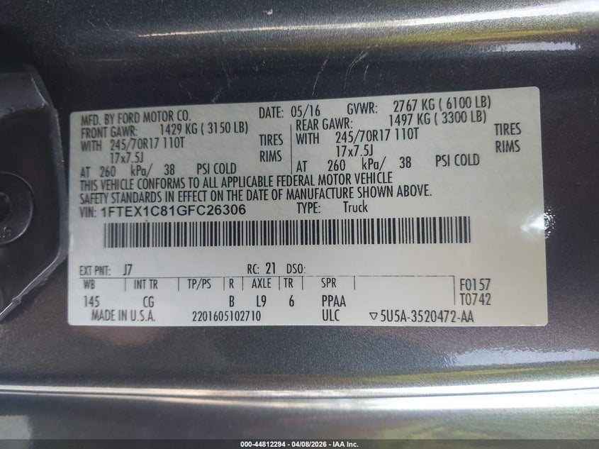 2016 FORD F-150 PICKUP 3.5L V-6 DOHC, VVT, 282HP