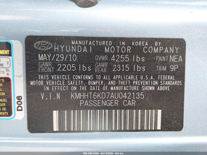 2010 Hyundai Genesis 2.0T VIN: KMHHT6KD7AU042135 Lot: 44812309