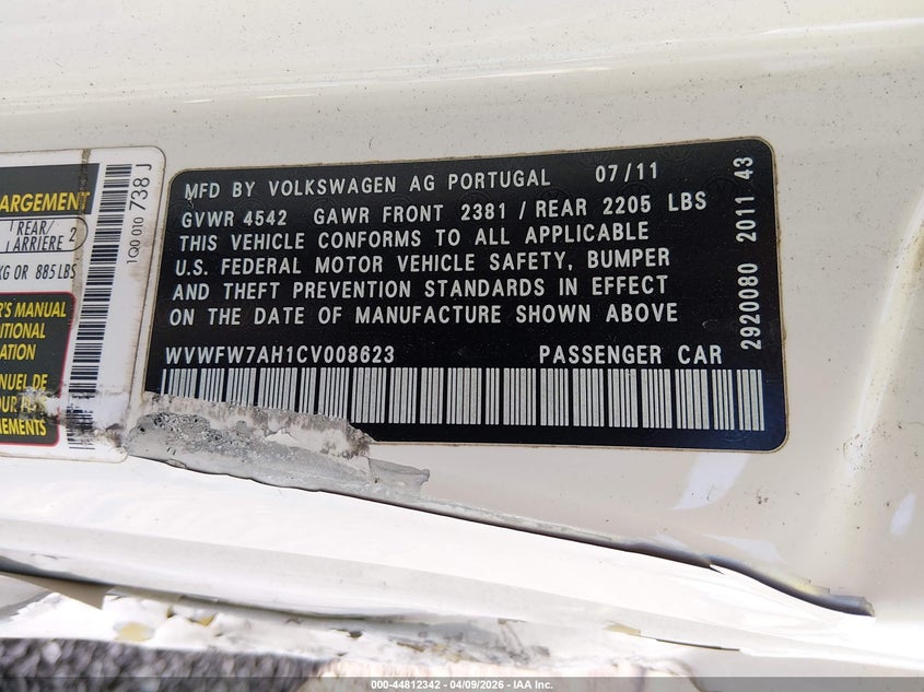 2012 Volkswagen Eos Executive VIN: WVWFW7AH1CV008623 Lot: 44812342