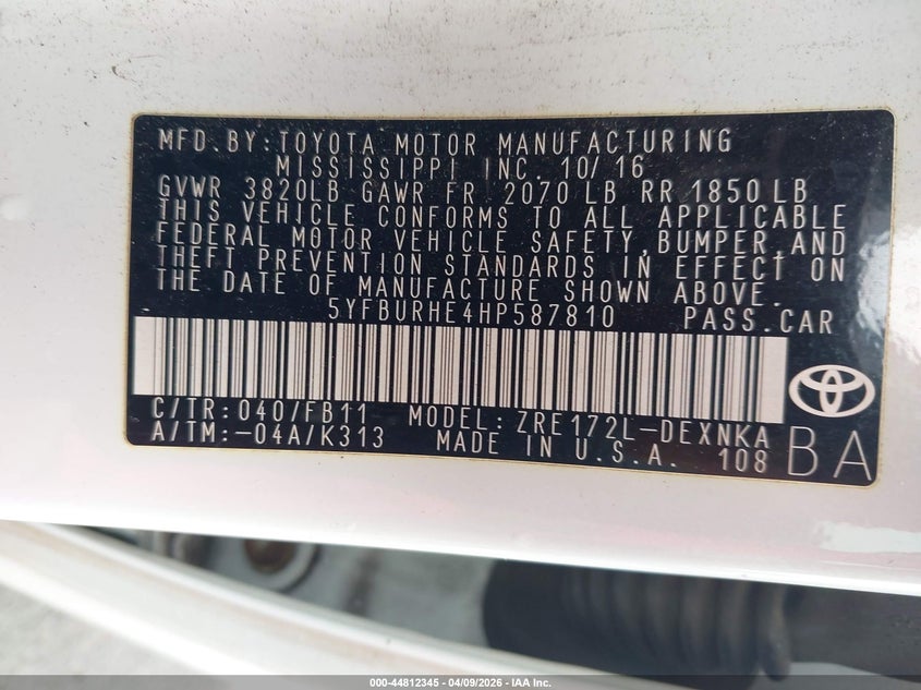2017 Toyota Corolla 1.8 Le white Lot 111044812345 Vin 5YFBURHE4HP587810