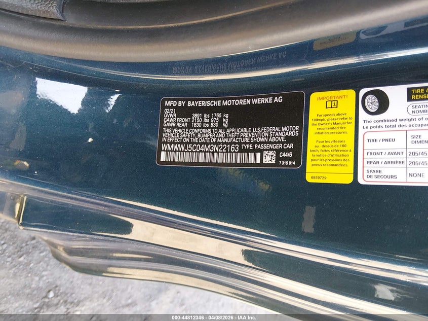 2021 Mini Convertible Cooper S VIN: WMWWJ5C04M3N22163 Lot: 44812346