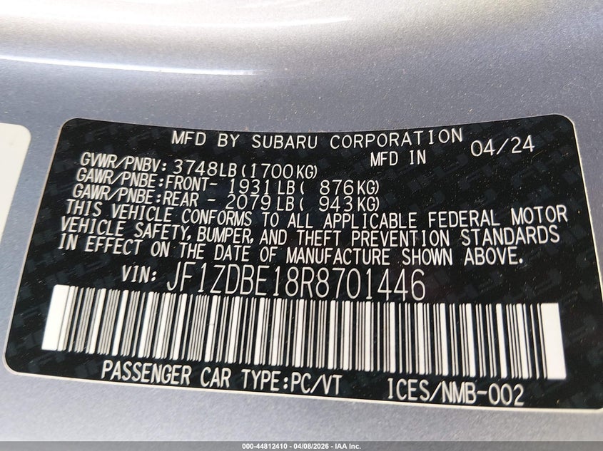 2024 Subaru Brz Limited VIN: JF1ZDBE18R8701446 Lot: 44812410