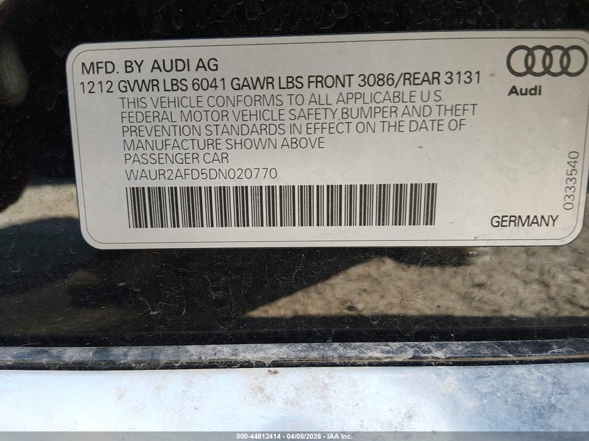 2013 Audi A8 L 4.0T VIN: WAUR2AFD5DN020770 Lot: 44812414