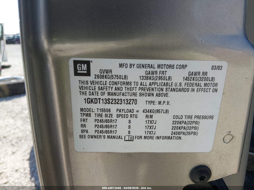 2003 GMC Envoy Slt VIN: 1GKDT13S232313270 Lot: 44812446
