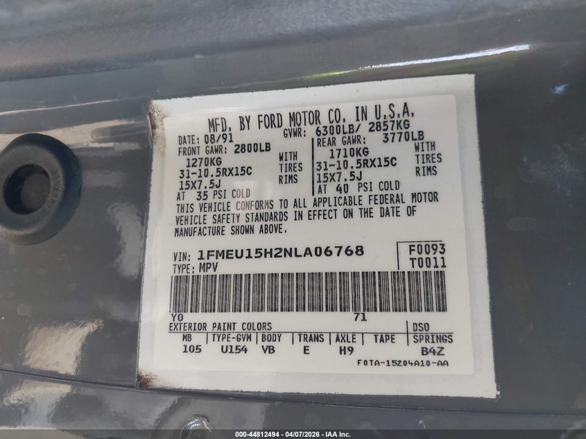 1992 Ford Bronco U100 VIN: 1FMEU15H2NLA06768 Lot: 44812494