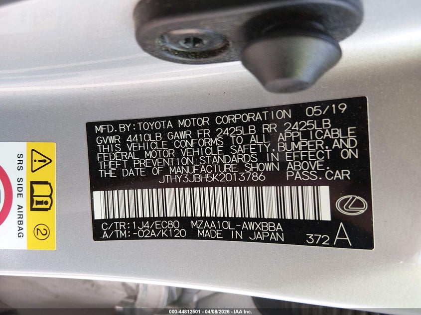 2019 Lexus Ux 200 VIN: JTHY3JBH5K2013786 Lot: 44812501