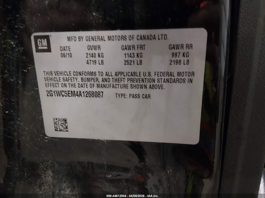 2010 Chevrolet Impala 3.9 Ltz black Lot 111044812504 Vin 2G1WC5EM4A1268087