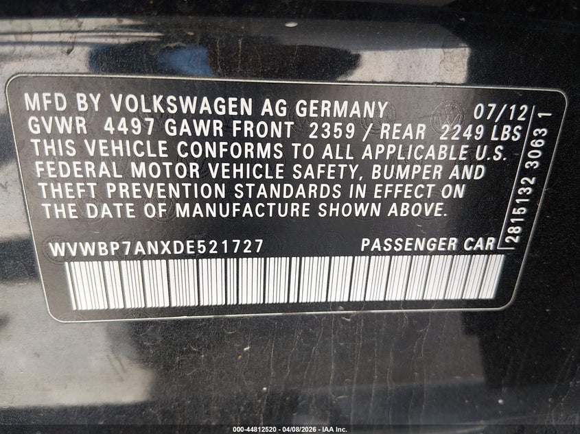 2013 Volkswagen Cc 2.0T Sport VIN: WVWBP7ANXDE521727 Lot: 44812520