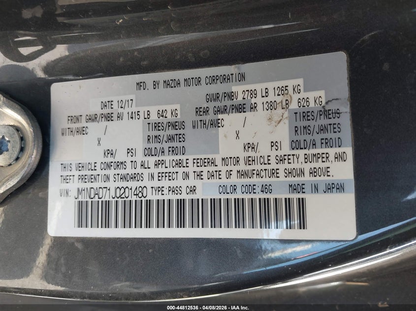 2018 Mazda Mx-5 Miata Grand Touring VIN: JM1NDAD71J0201480 Lot: 44812536