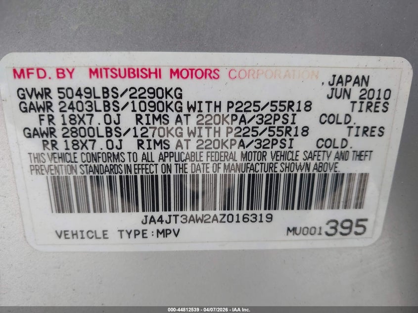 2010 Mitsubishi Outlander Se VIN: JA4JT3AW2AZ016319 Lot: 44812539