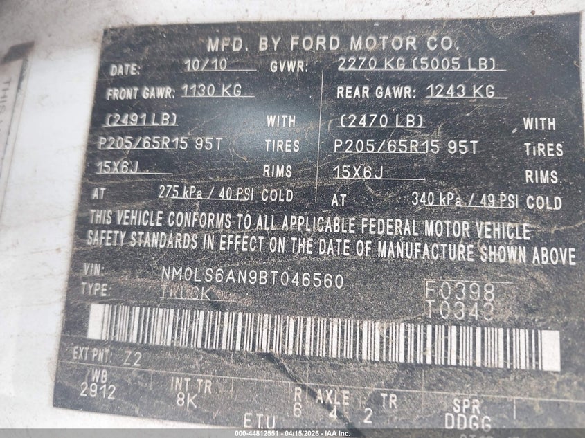 2011 Ford Transit Connect Xl VIN: NM0LS6AN9BT046560 Lot: 44812551